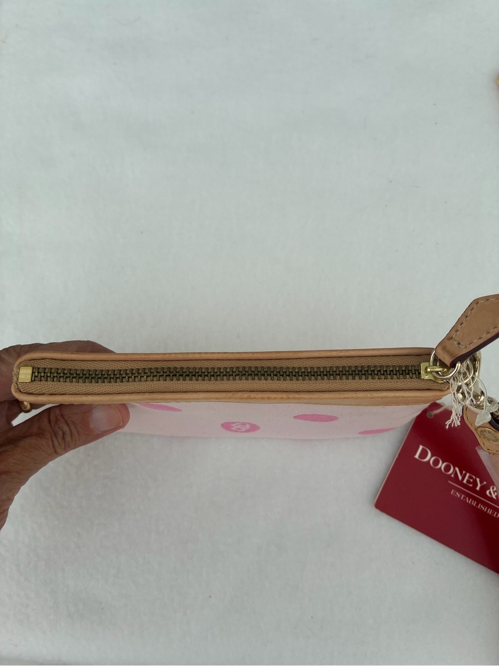 Dooney & Bourke Pink and Tan Polka Dot Zip Pouch Wristlet - Picture 3 of 5